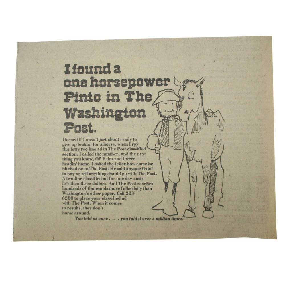 Vintage The Washington Post Newspaper Ad Clipping One Horsepower Pinto Ephemera